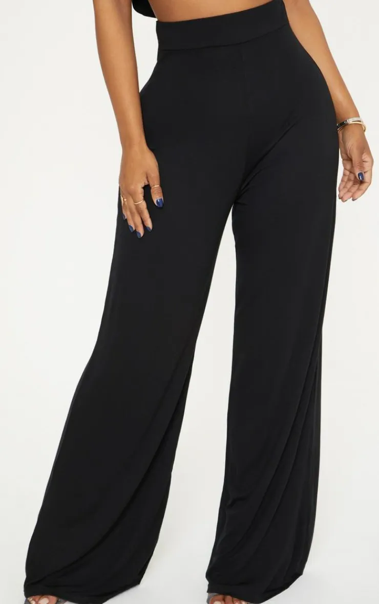 Discount PrettyLittleThing Shape Jersey Wide Leg Pants Black