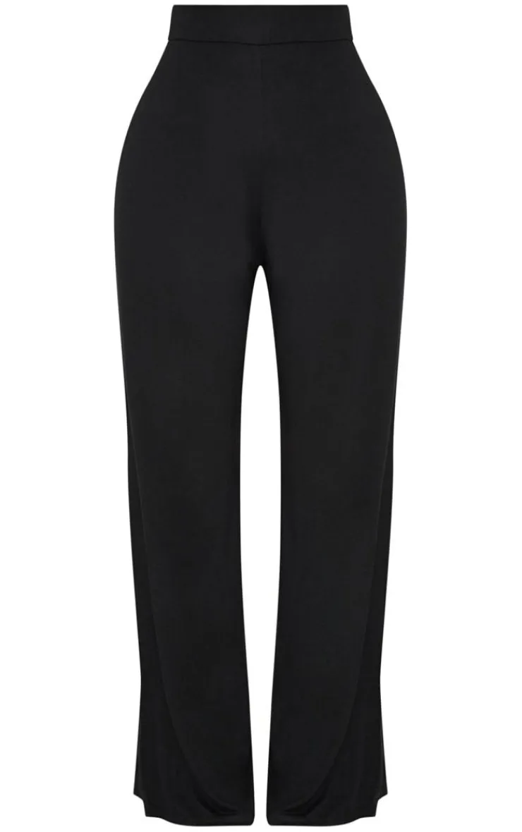 Discount PrettyLittleThing Shape Jersey Wide Leg Pants Black