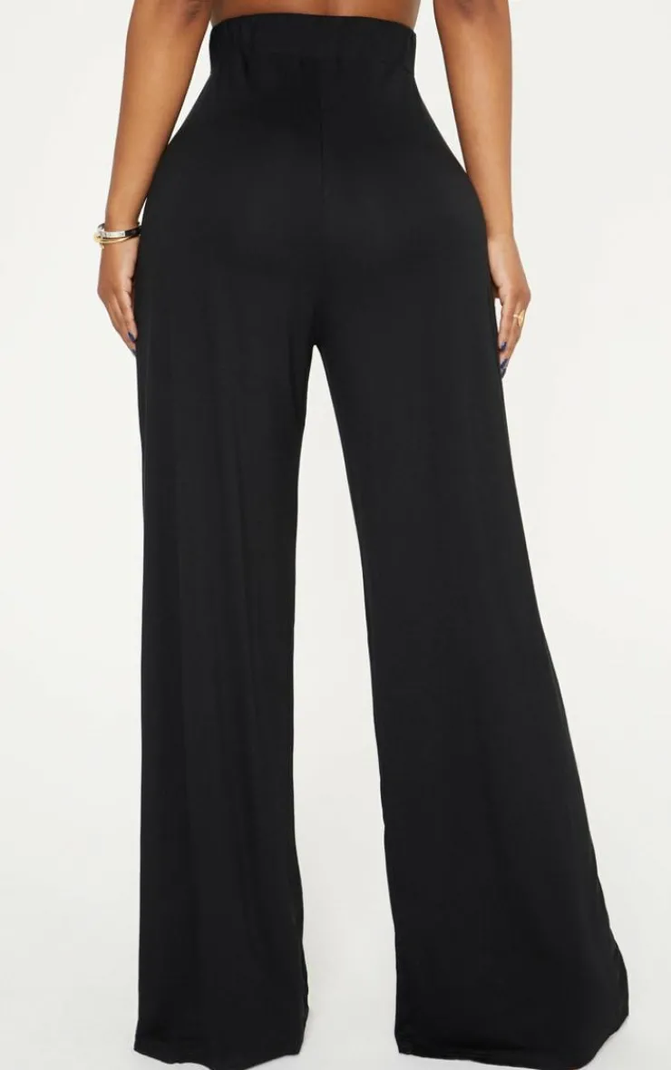 Discount PrettyLittleThing Shape Jersey Wide Leg Pants Black