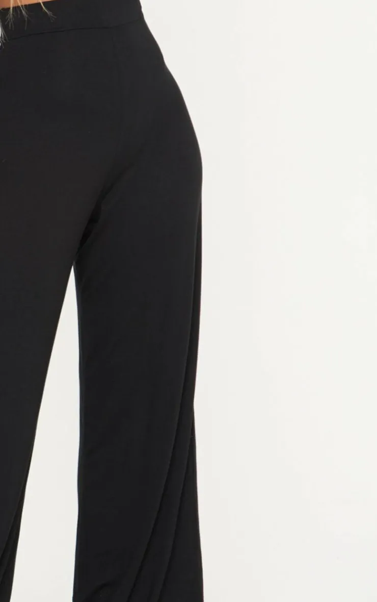 Discount PrettyLittleThing Shape Jersey Wide Leg Pants Black