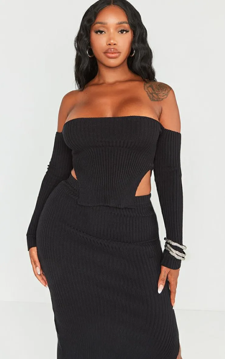 Outlet PrettyLittleThing Shape Knit Bardot Split Side Top Black