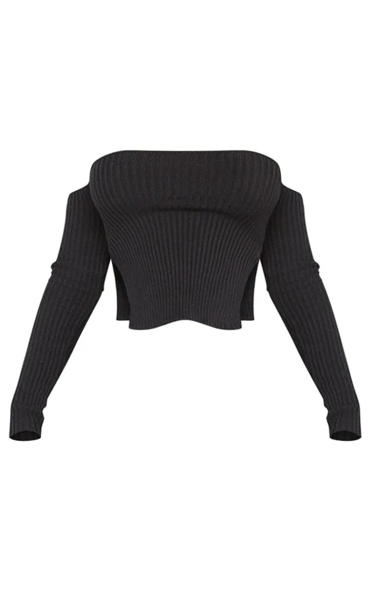 Outlet PrettyLittleThing Shape Knit Bardot Split Side Top Black