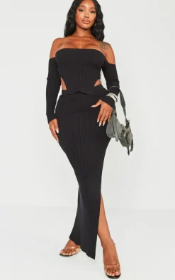 PrettyLittleThing Shape Knit Split Side Midaxi Skirt Black