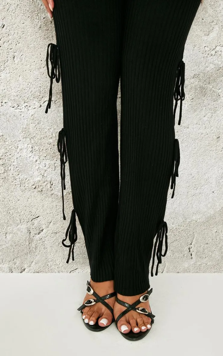 Discount PrettyLittleThing Shape Knit Tie Side Flared Pants Black
