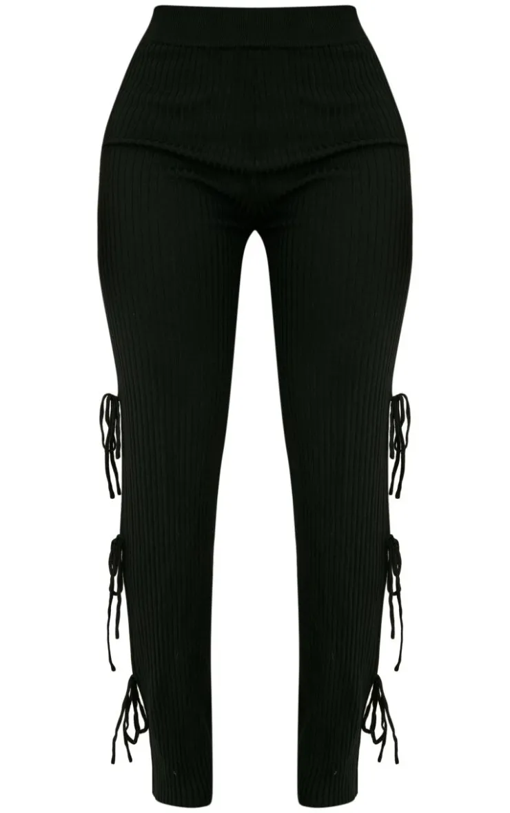 Discount PrettyLittleThing Shape Knit Tie Side Flared Pants Black