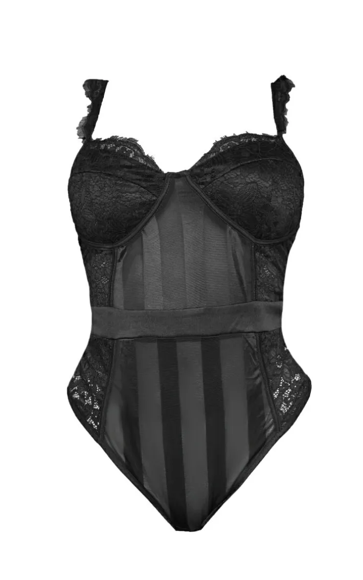 Shape Black Lace Mesh Stripe Bodysuit