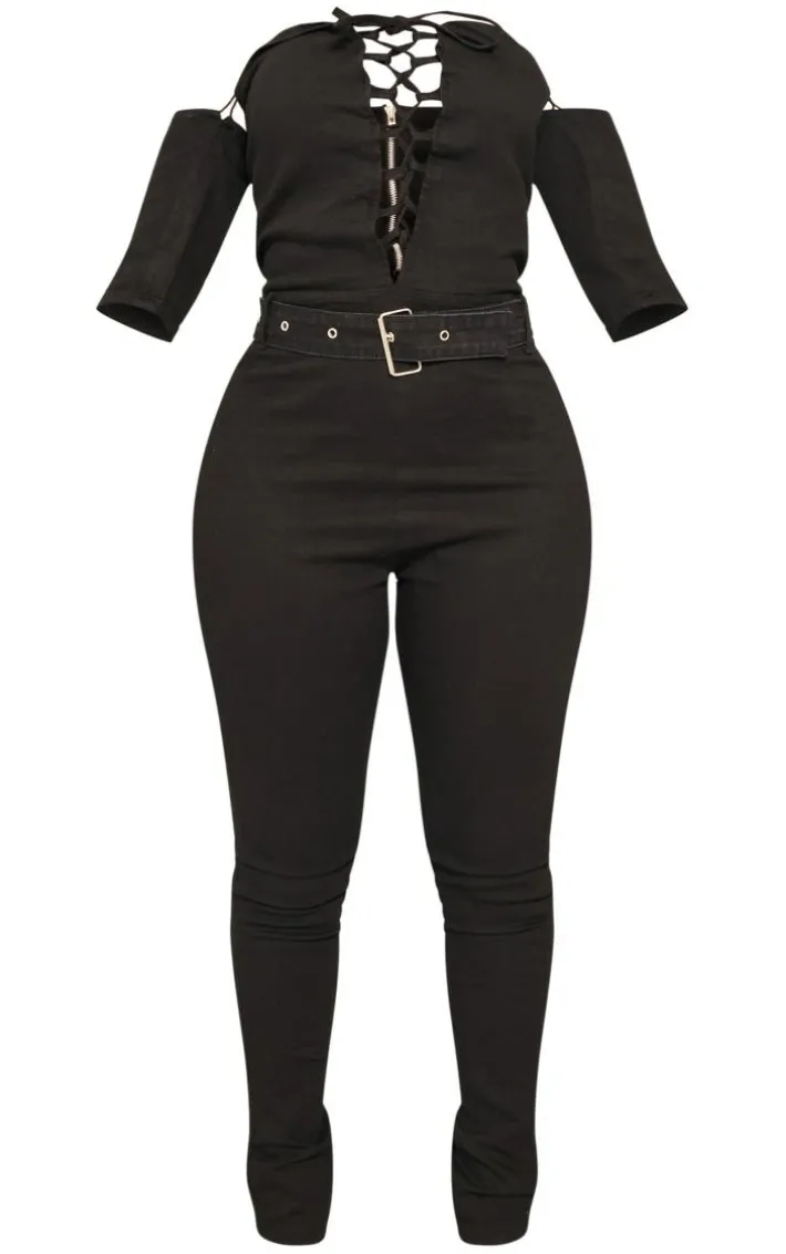 Shape Black Lace Up Bardot Stretch Denim Jumpsuit
