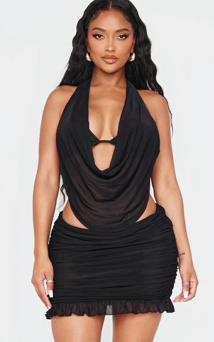 Discount PrettyLittleThing Shape Mesh Halter Cowl Neck Top Black
