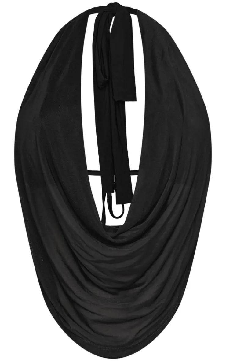 Discount PrettyLittleThing Shape Mesh Halter Cowl Neck Top Black