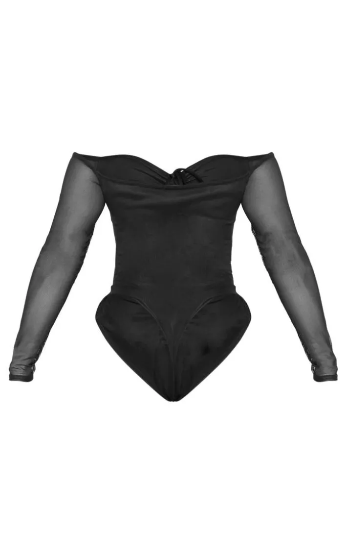 Shape Black Mesh Long Sleeve Ruched Bodysuit