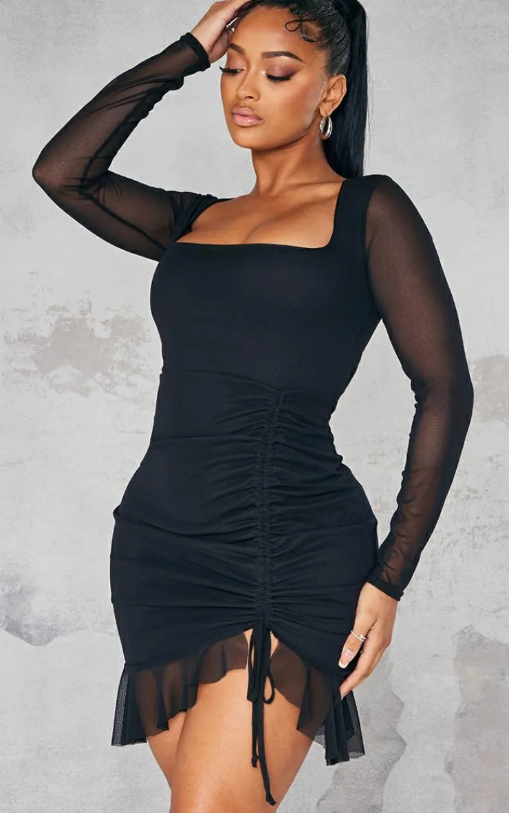 Shape Mesh Long Sleeve Ruched Side Frill Hem Bodycon Dress-PrettyLittleThing Discount