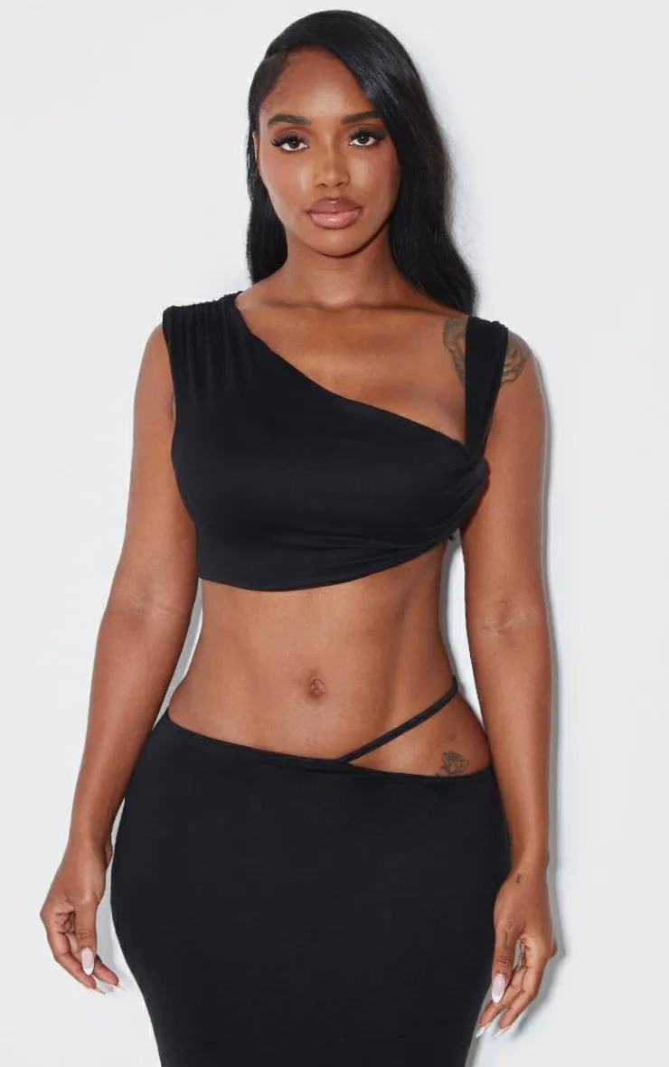 Discount PrettyLittleThing Shape One Shoulder Crop Top Black