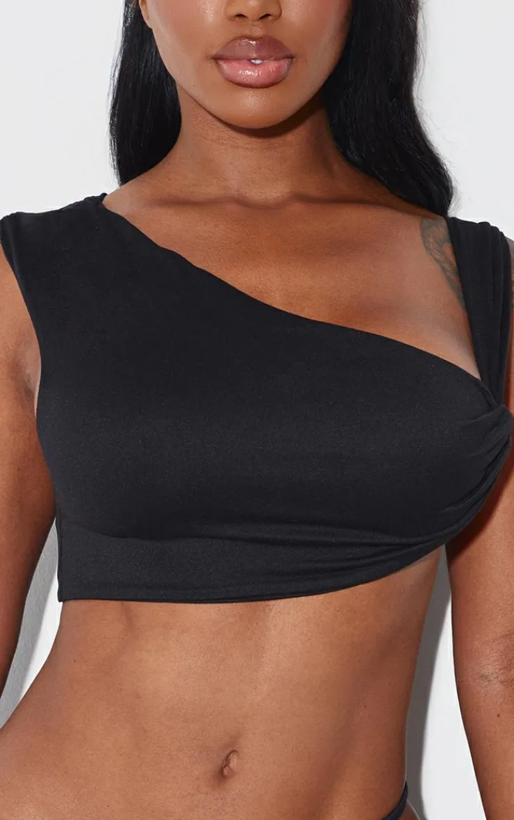 Discount PrettyLittleThing Shape One Shoulder Crop Top Black