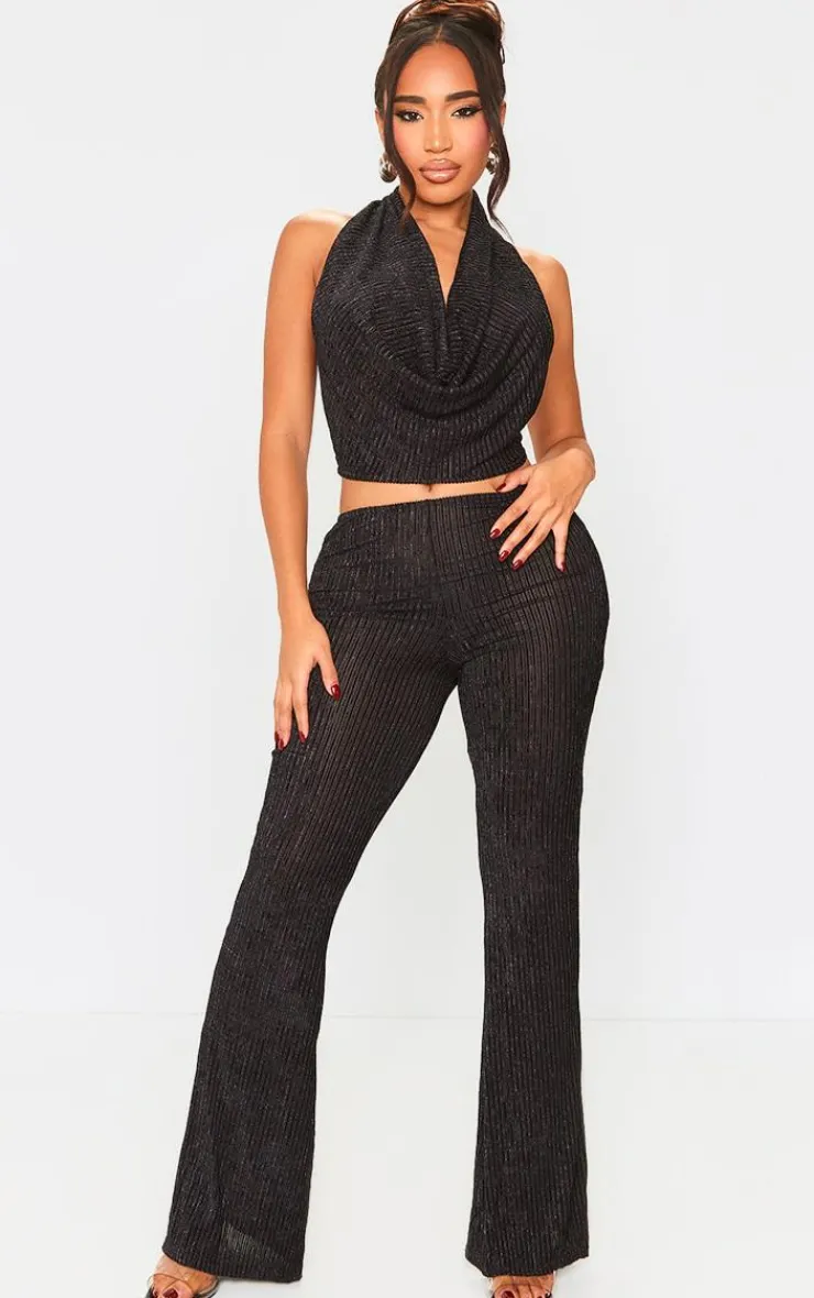Online PrettyLittleThing Shape Plisse Glitter High Waist Wide Leg Pants Black