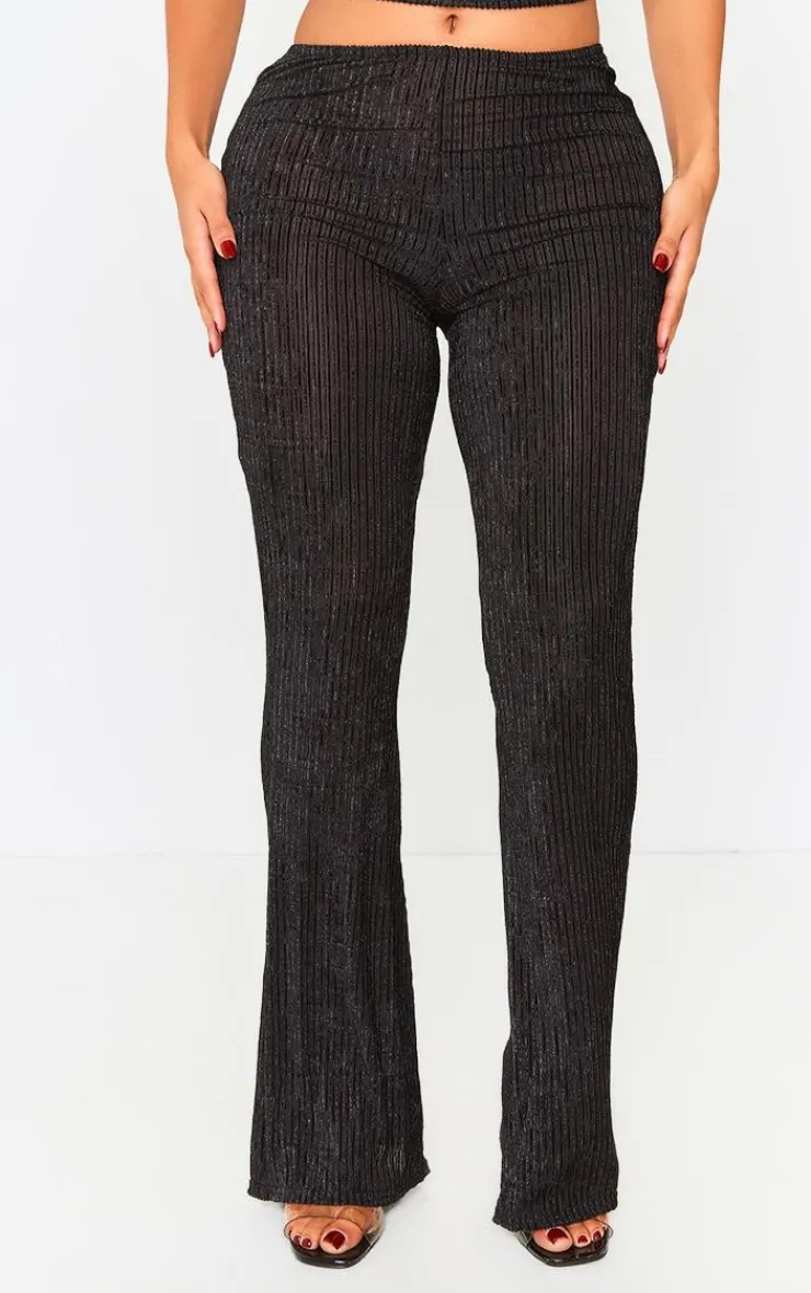 Online PrettyLittleThing Shape Plisse Glitter High Waist Wide Leg Pants Black