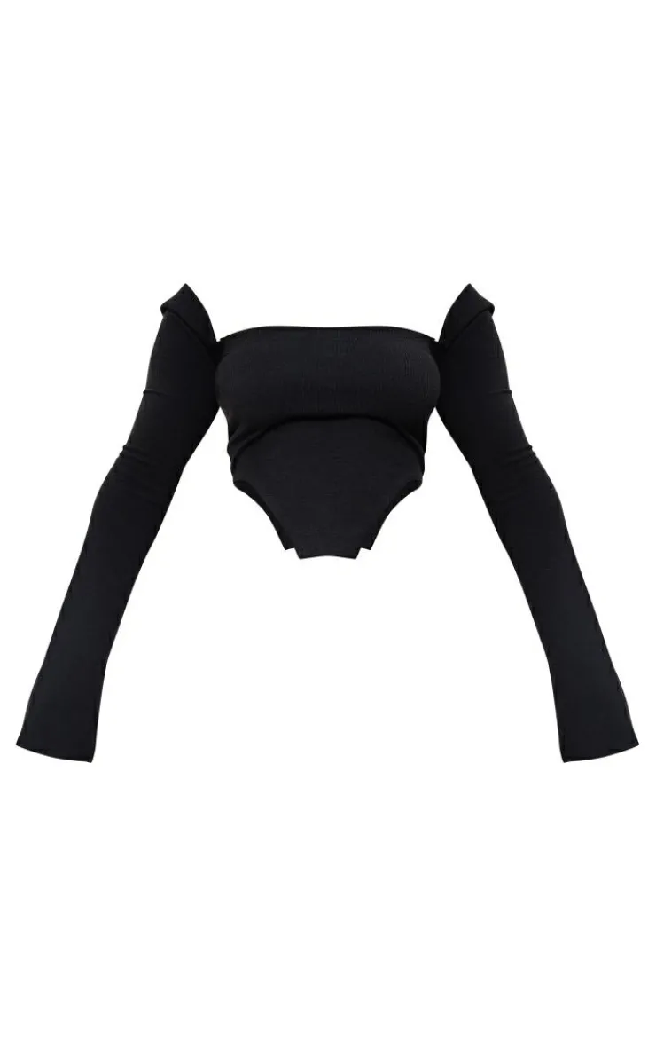 Discount PrettyLittleThing Shape Rib Bardot Flare Split Sleeve Crop Top Black