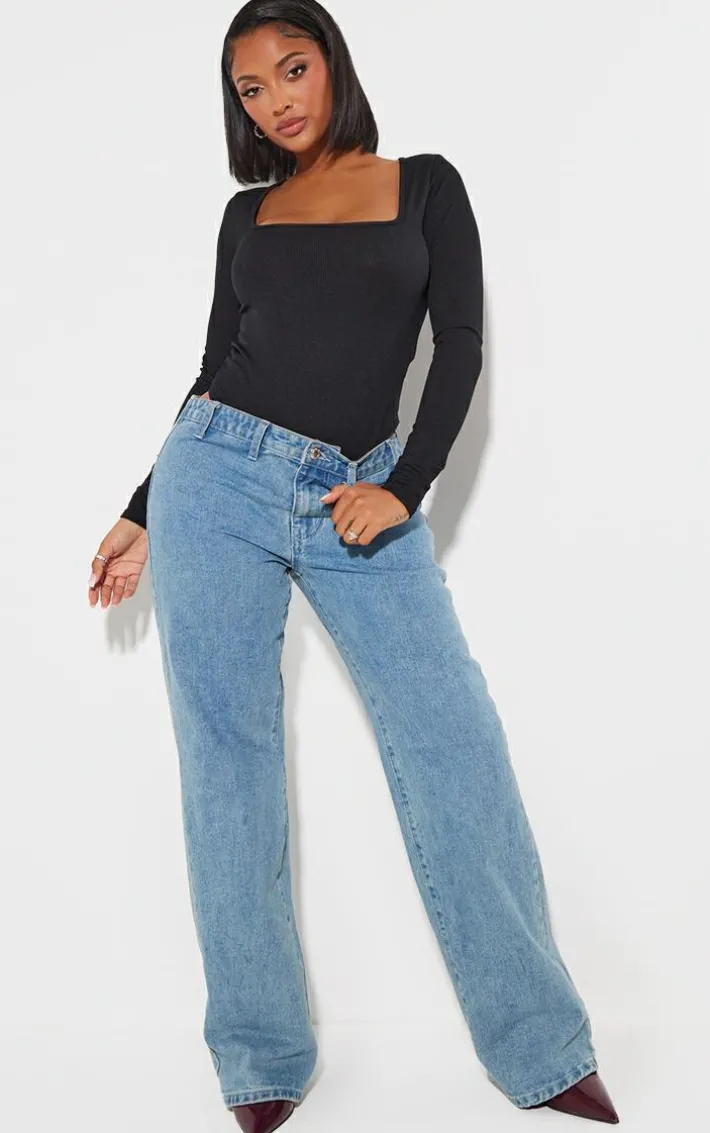 Shape Black Rib Long Sleeve Square Neck Bodysuit