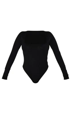 Shape Black Rib Long Sleeve Square Neck Bodysuit