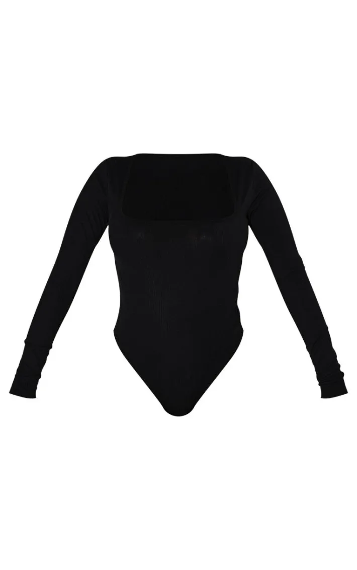 Shape Black Rib Long Sleeve Square Neck Bodysuit