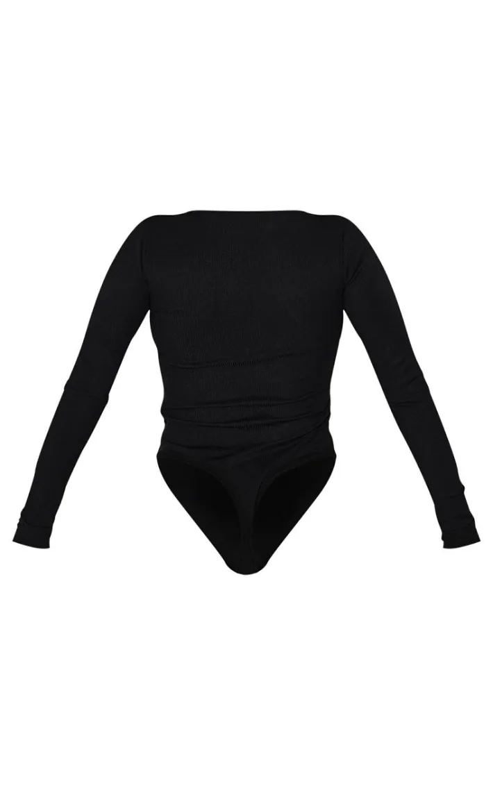 Shape Black Rib Long Sleeve Square Neck Bodysuit