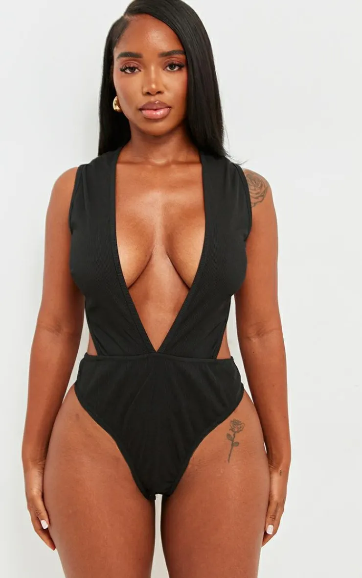 Shape Rib Plunge Front Open Back Bodysuit-PrettyLittleThing New