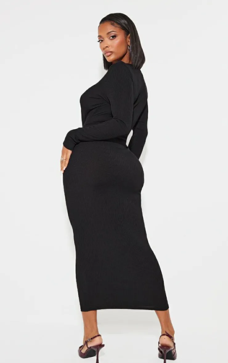 Shape Ribbed Button Front Long Sleeve Midaxi Dress-PrettyLittleThing Hot