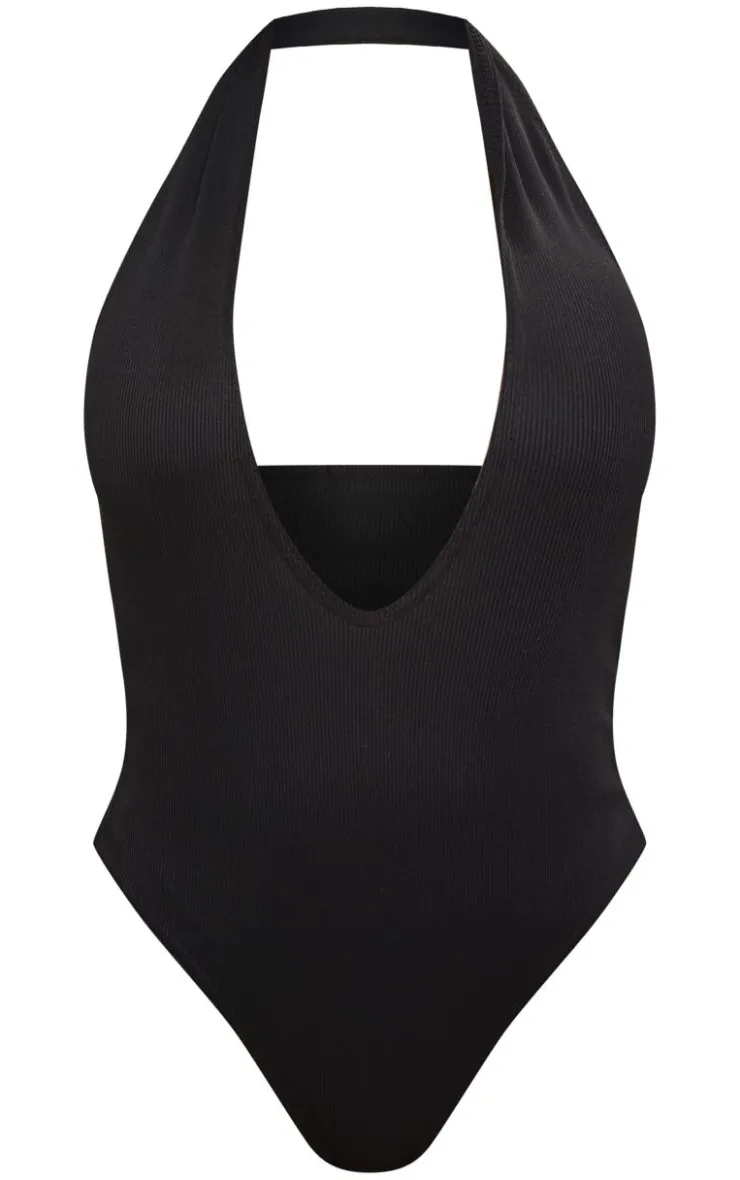 Shape Ribbed Halterneck Plunge Bodysuit-PrettyLittleThing Outlet