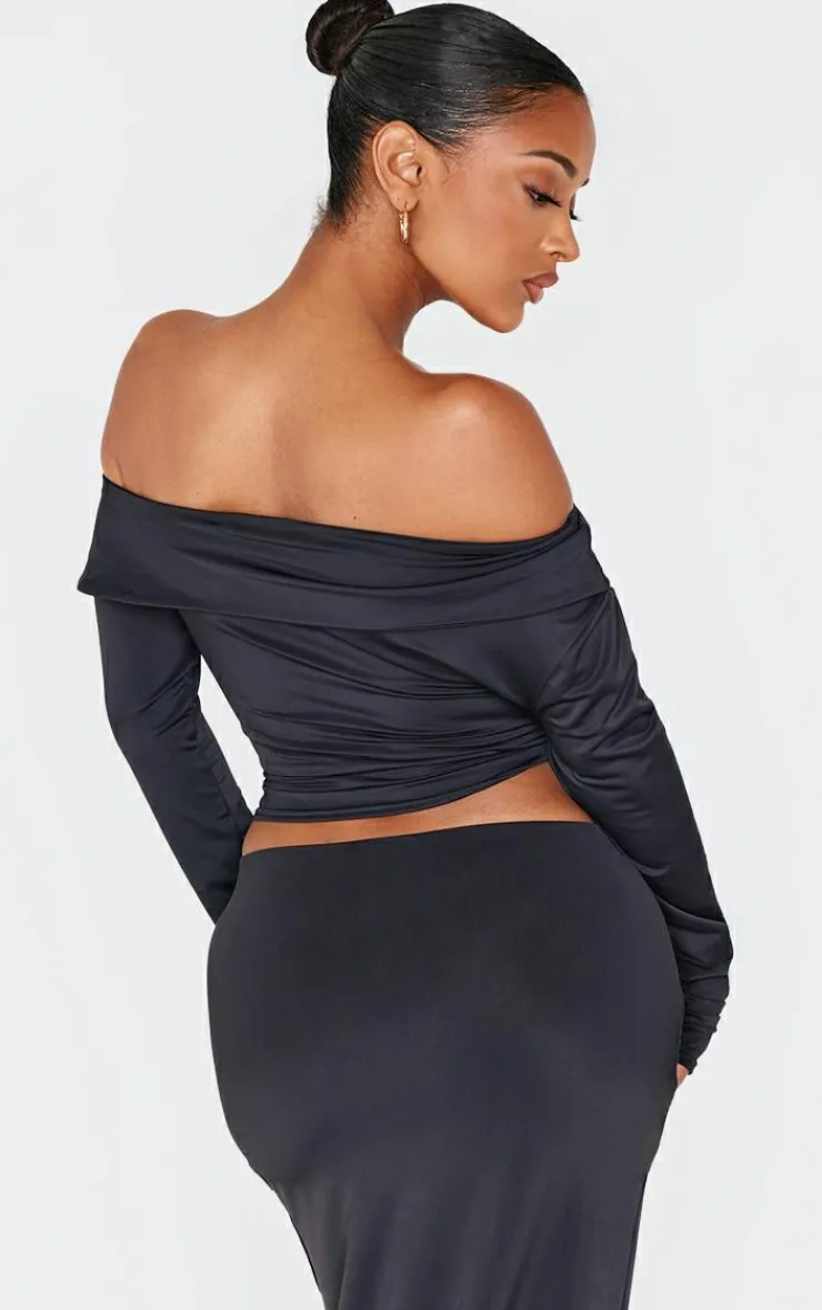 Online PrettyLittleThing Shape Sculpt Fold Over Bardot Long Sleeve Top Black