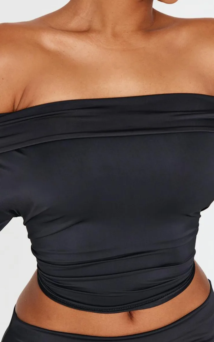 Online PrettyLittleThing Shape Sculpt Fold Over Bardot Long Sleeve Top Black