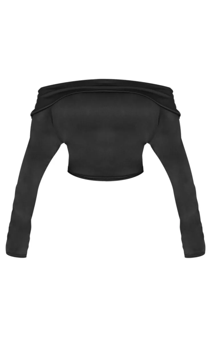 Online PrettyLittleThing Shape Sculpt Fold Over Bardot Long Sleeve Top Black