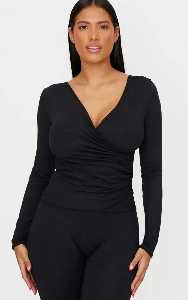 Sale PrettyLittleThing Shape Sculpt Long Sleeve Wrap Front Top Black