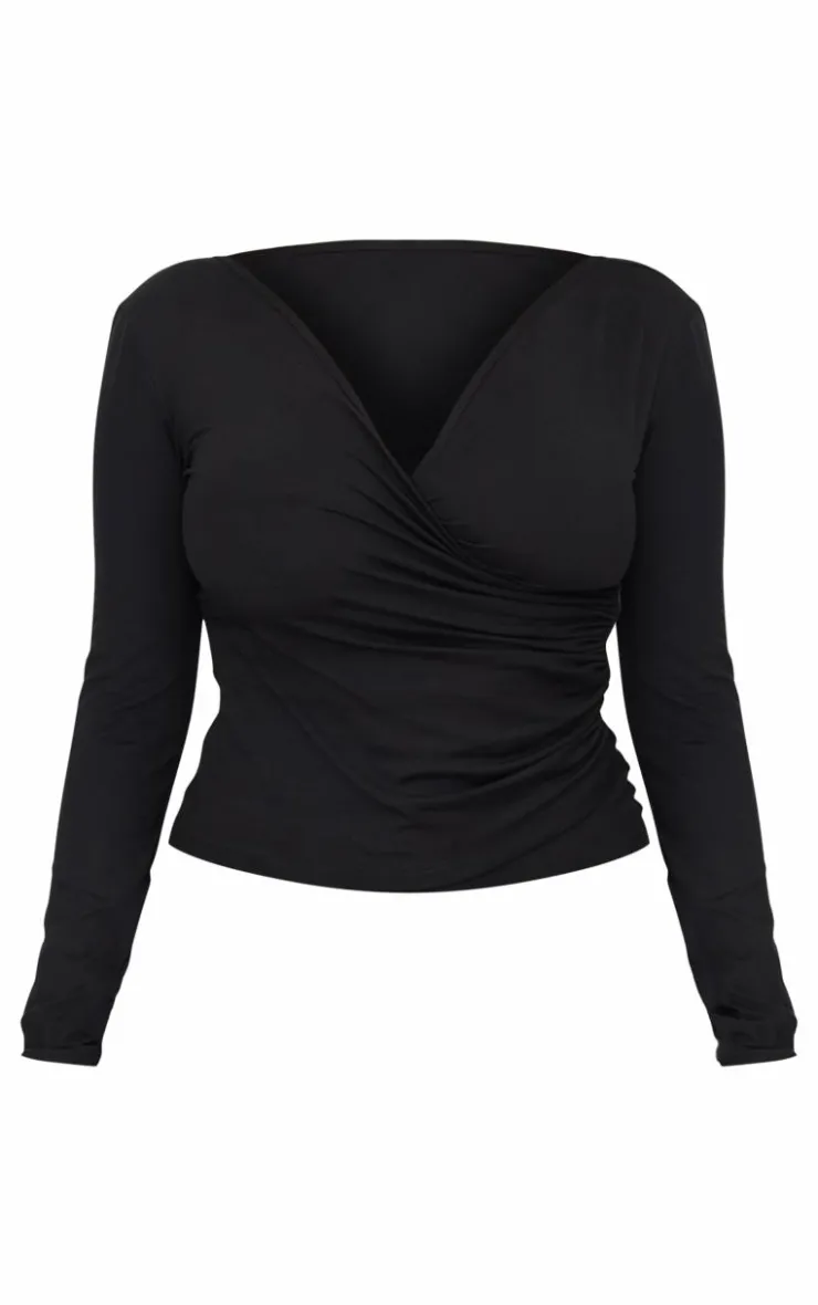Sale PrettyLittleThing Shape Sculpt Long Sleeve Wrap Front Top Black