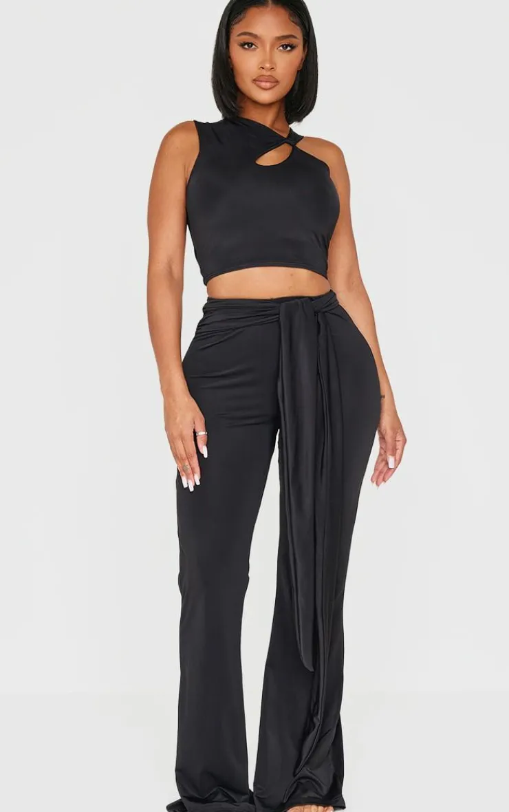 Hot PrettyLittleThing Shape Sculpt Wrap Waist Flared Pants Black