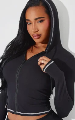 Outlet PrettyLittleThing Shape Sculpted Contrast Stitch Zip Through Hoodie Black