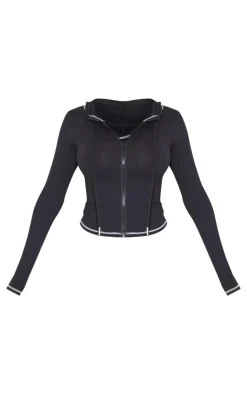 Outlet PrettyLittleThing Shape Sculpted Contrast Stitch Zip Through Hoodie Black