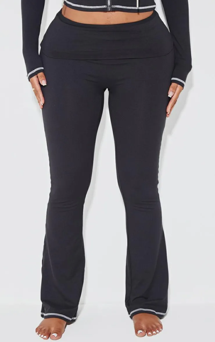 Clearance PrettyLittleThing Shape Sculpted Contrast Stitch Foldover Waist Flare Pants Black