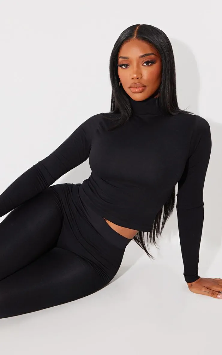 Clearance PrettyLittleThing Shape Sculpted High Neck Long Sleeve Top Black
