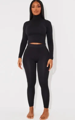 Clearance PrettyLittleThing Shape Sculpted High Neck Long Sleeve Top Black