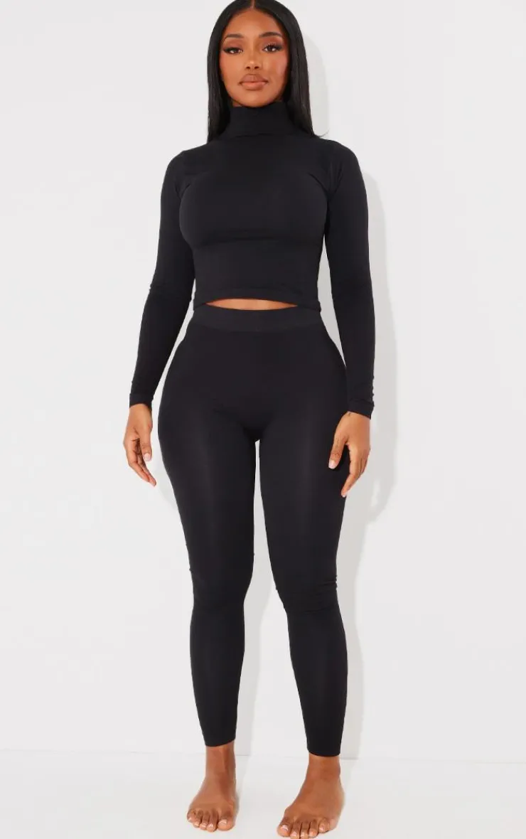 Clearance PrettyLittleThing Shape Sculpted High Neck Long Sleeve Top Black