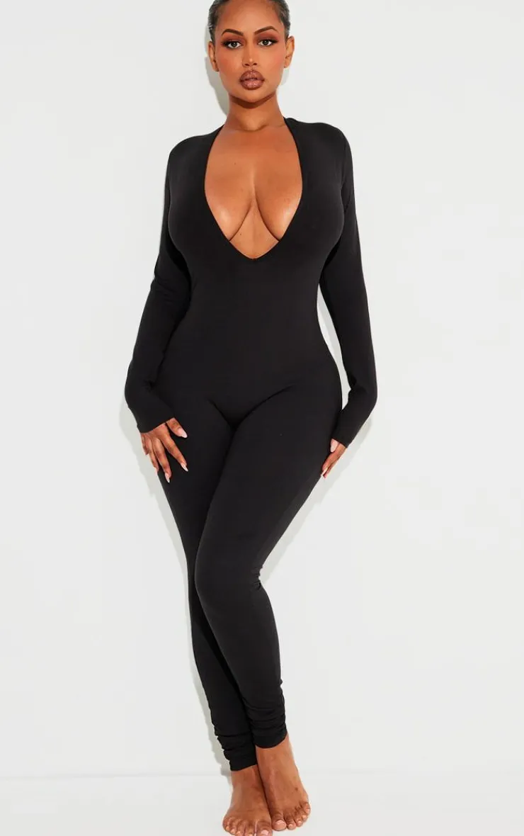 Shape Sculpted Long Sleeve Plunge Front Jumpsuit-PrettyLittleThing Best