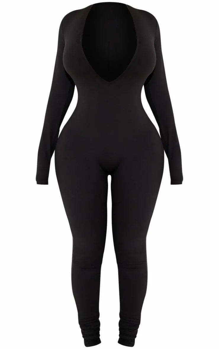 Shape Sculpted Long Sleeve Plunge Front Jumpsuit-PrettyLittleThing Best