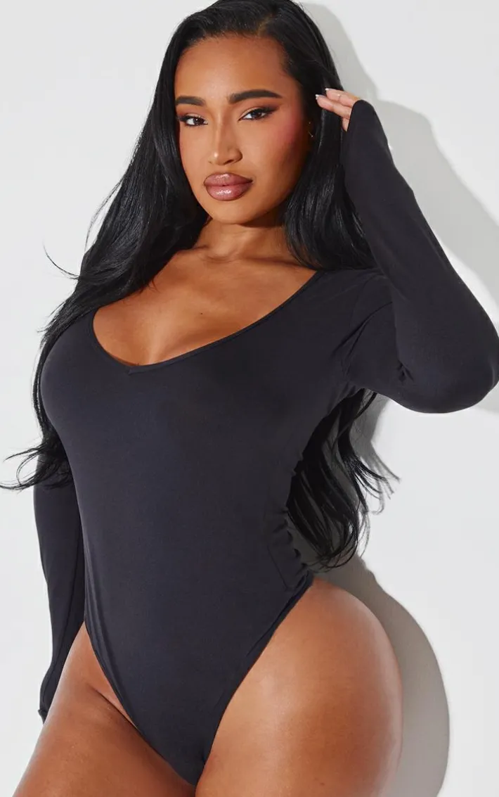 Shape Black Sculpted V Neck Long Sleeve Bodysuit