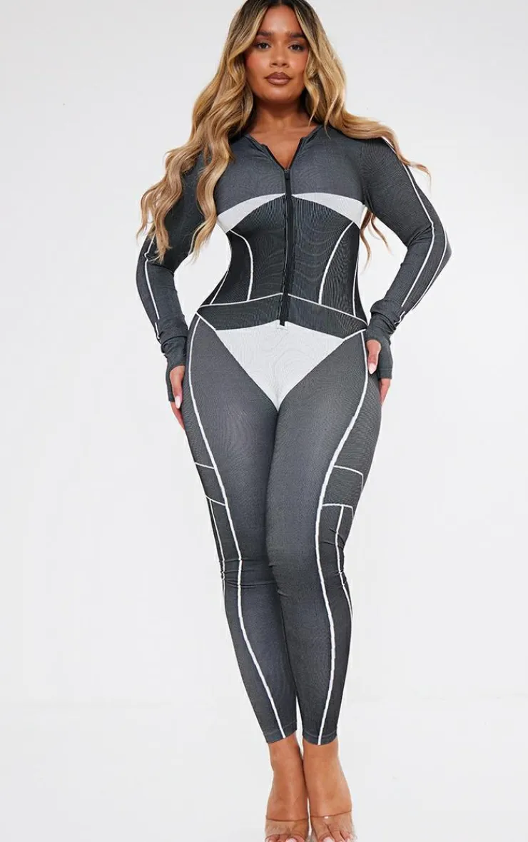PrettyLittleThing Seamless Gym Wear*Shape Seamless Contrast Long Sleeve Zip Through Jumpsuit
