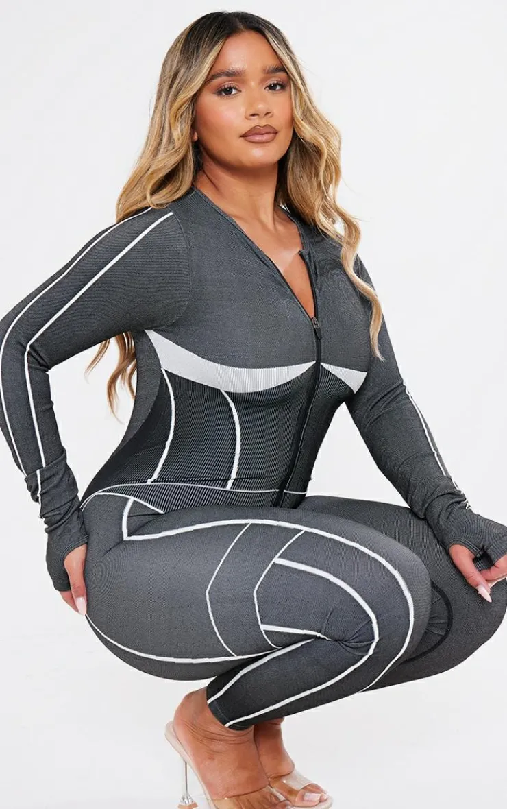 PrettyLittleThing Seamless Gym Wear*Shape Seamless Contrast Long Sleeve Zip Through Jumpsuit
