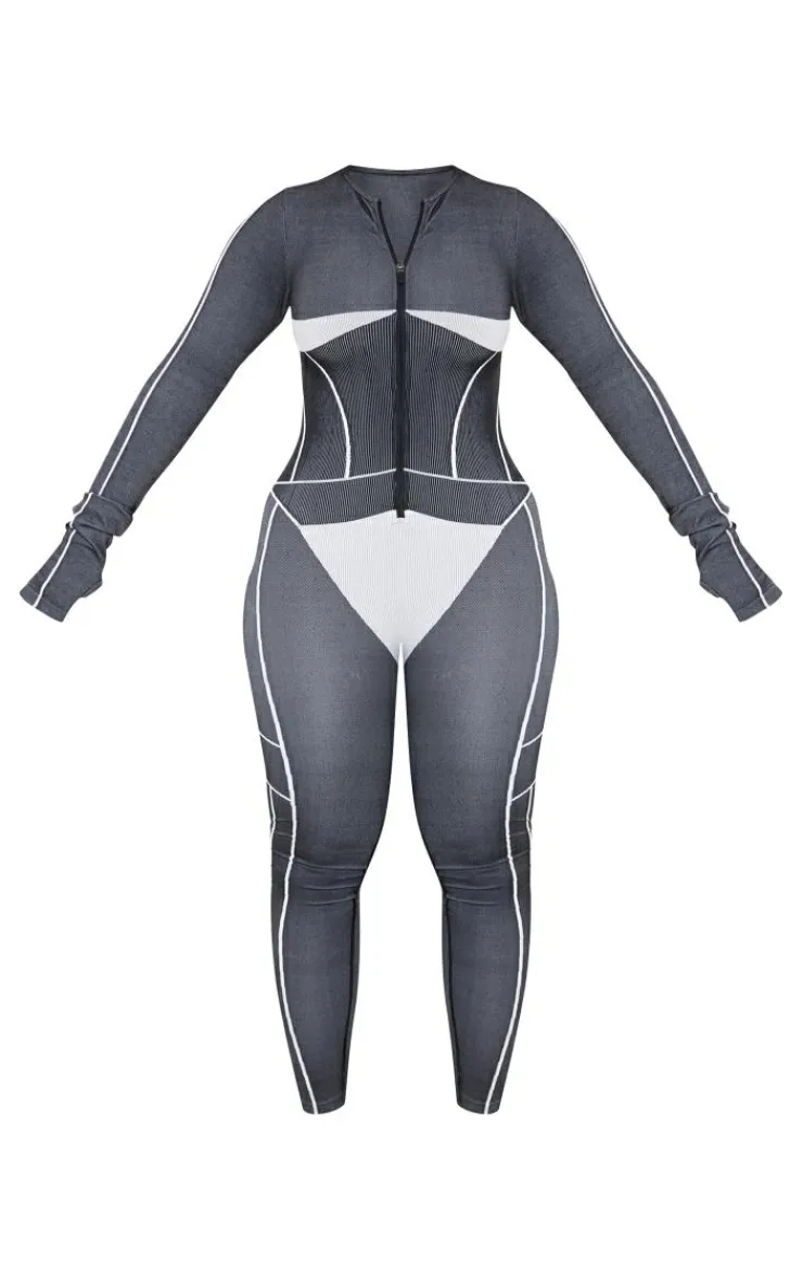 PrettyLittleThing Seamless Gym Wear*Shape Seamless Contrast Long Sleeve Zip Through Jumpsuit