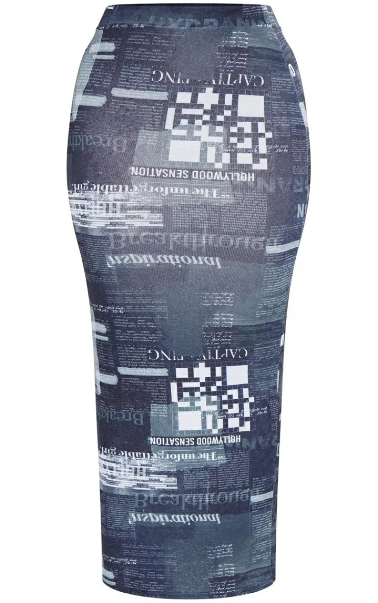 Discount PrettyLittleThing Shape Sheer Mesh Newspaper Printed Maxi Skirt Black