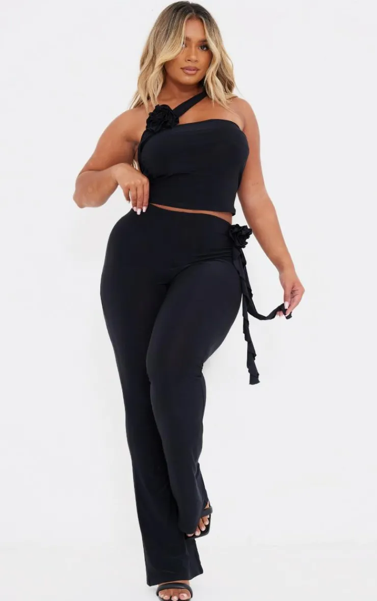 New PrettyLittleThing Shape Slinky Rose High Waist Flare Pants Black