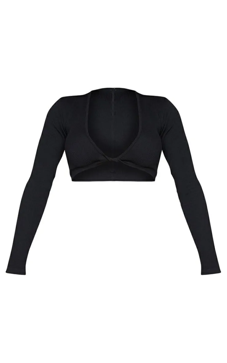 Hot PrettyLittleThing Shape Snatched Ribbed Twist Detail Crop Top Black