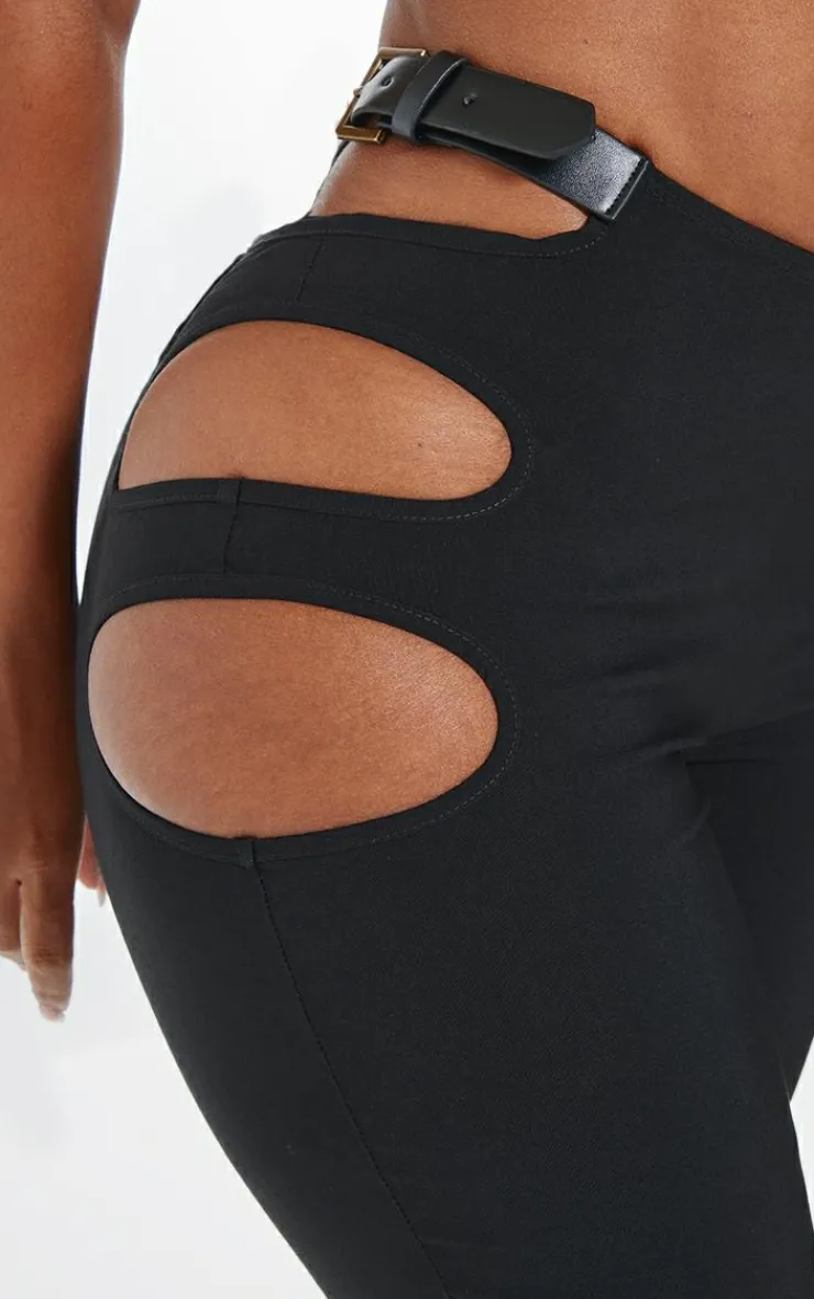 Hot PrettyLittleThing Shape Stretch Woven Cut Out Waist Buckle Pants Black