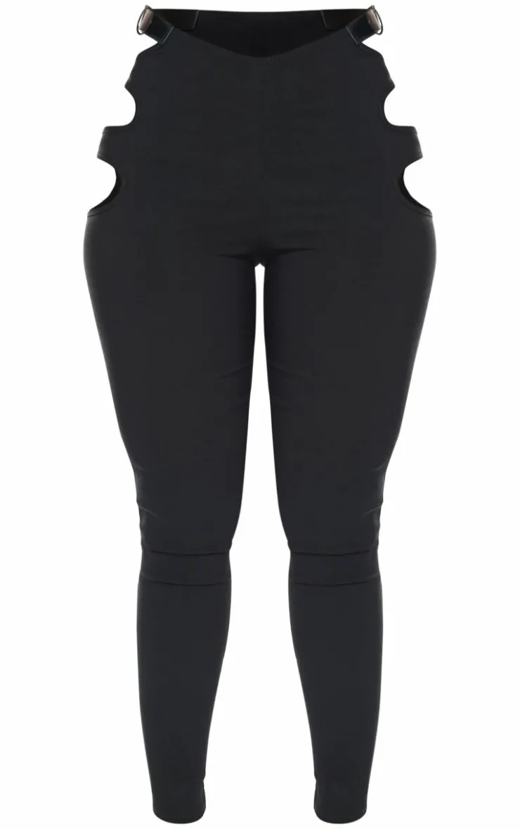 Hot PrettyLittleThing Shape Stretch Woven Cut Out Waist Buckle Pants Black